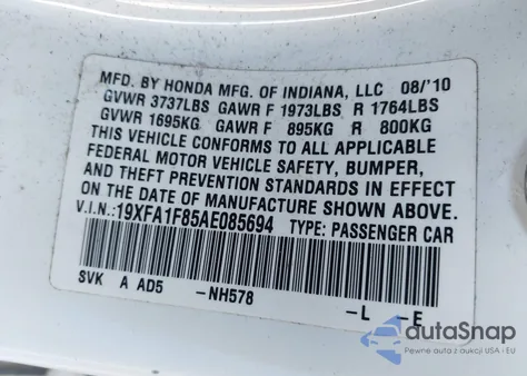 2010 Honda Civic Ex from USA, damaged, VIN 19XFA1F85AE085694